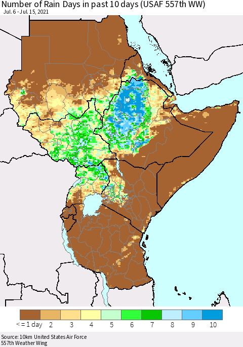 Eastern Africa Number of Rain Days in past 10 days (USAF 557th WW) Thematic Map For 7/11/2021 - 7/15/2021