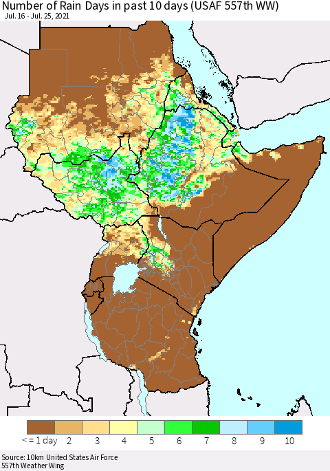 Eastern Africa Number of Rain Days in past 10 days (USAF 557th WW) Thematic Map For 7/21/2021 - 7/25/2021