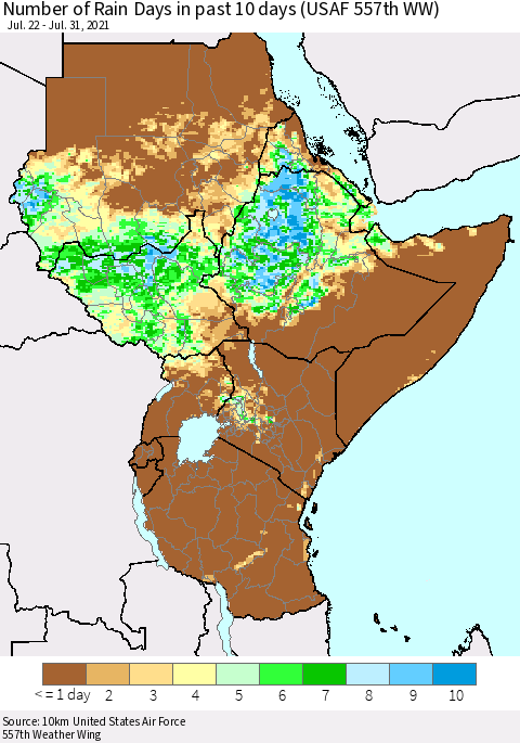 Eastern Africa Number of Rain Days in past 10 days (USAF 557th WW) Thematic Map For 7/26/2021 - 7/31/2021