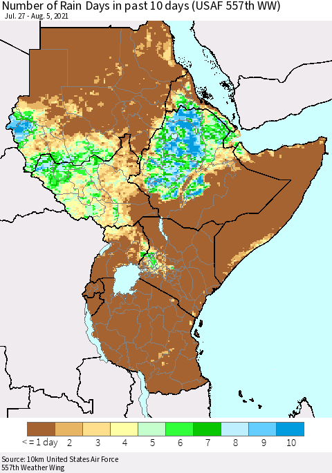 Eastern Africa Number of Rain Days in past 10 days (USAF 557th WW) Thematic Map For 8/1/2021 - 8/5/2021