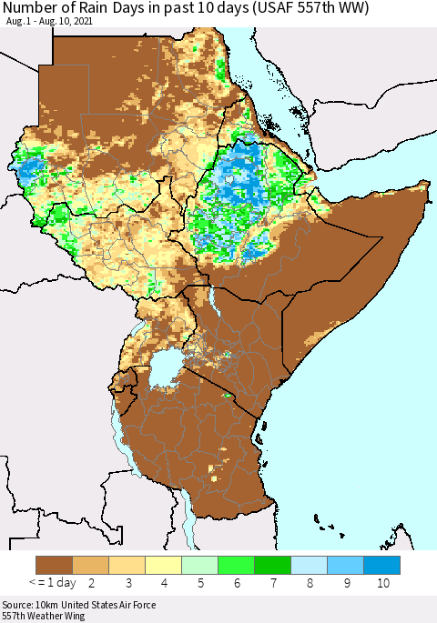 Eastern Africa Number of Rain Days in past 10 days (USAF 557th WW) Thematic Map For 8/6/2021 - 8/10/2021