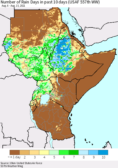 Eastern Africa Number of Rain Days in past 10 days (USAF 557th WW) Thematic Map For 8/11/2021 - 8/15/2021
