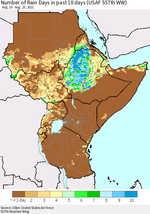 Eastern Africa Number of Rain Days in past 10 days (USAF 557th WW) Thematic Map For 8/21/2021 - 8/25/2021
