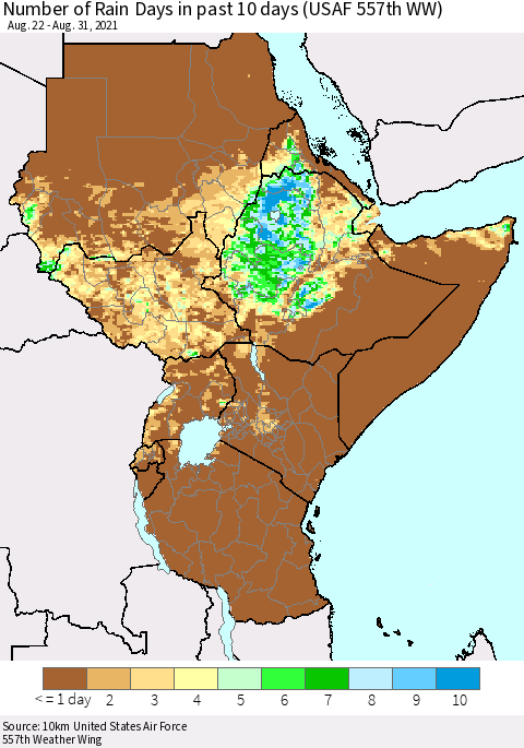 Eastern Africa Number of Rain Days in past 10 days (USAF 557th WW) Thematic Map For 8/26/2021 - 8/31/2021