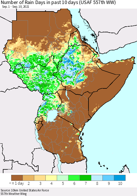 Eastern Africa Number of Rain Days in past 10 days (USAF 557th WW) Thematic Map For 9/6/2021 - 9/10/2021