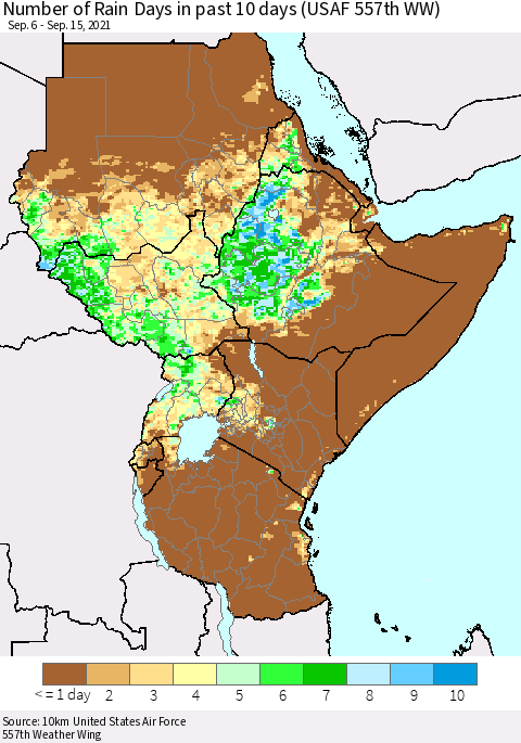 Eastern Africa Number of Rain Days in past 10 days (USAF 557th WW) Thematic Map For 9/11/2021 - 9/15/2021