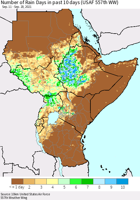 Eastern Africa Number of Rain Days in past 10 days (USAF 557th WW) Thematic Map For 9/16/2021 - 9/20/2021