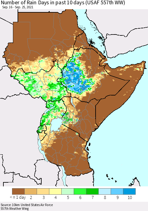 Eastern Africa Number of Rain Days in past 10 days (USAF 557th WW) Thematic Map For 9/21/2021 - 9/25/2021
