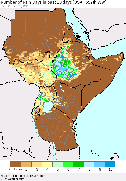 Eastern Africa Number of Rain Days in past 10 days (USAF 557th WW) Thematic Map For 9/26/2021 - 9/30/2021