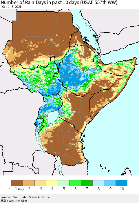 Eastern Africa Number of Rain Days in past 10 days (USAF 557th WW) Thematic Map For 10/1/2021 - 10/5/2021
