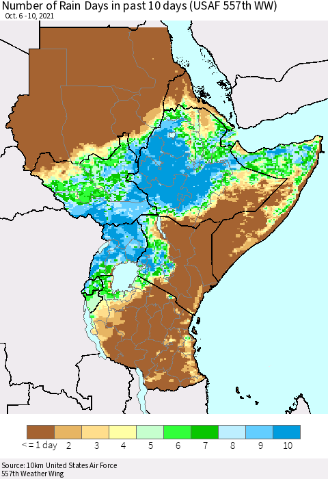 Eastern Africa Number of Rain Days in past 10 days (USAF 557th WW) Thematic Map For 10/6/2021 - 10/10/2021