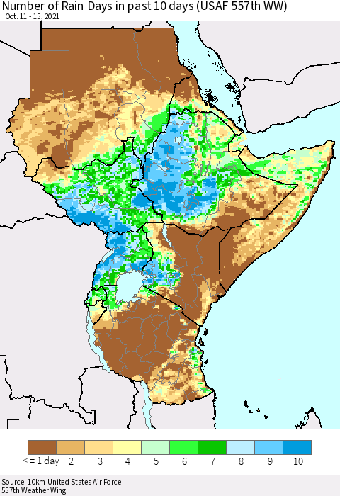 Eastern Africa Number of Rain Days in past 10 days (USAF 557th WW) Thematic Map For 10/11/2021 - 10/15/2021