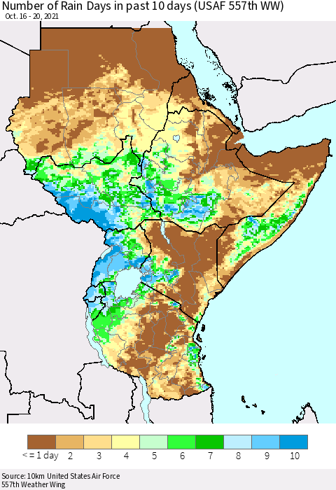 Eastern Africa Number of Rain Days in past 10 days (USAF 557th WW) Thematic Map For 10/16/2021 - 10/20/2021
