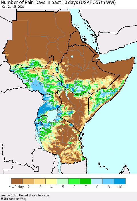 Eastern Africa Number of Rain Days in past 10 days (USAF 557th WW) Thematic Map For 10/21/2021 - 10/25/2021