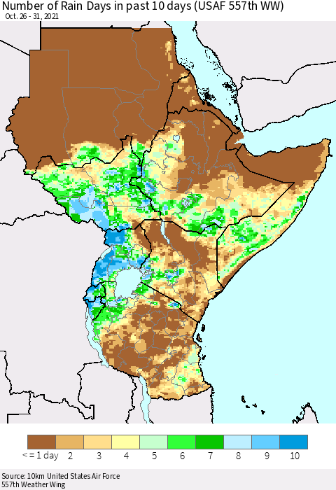 Eastern Africa Number of Rain Days in past 10 days (USAF 557th WW) Thematic Map For 10/26/2021 - 10/31/2021