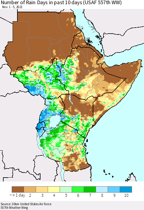 Eastern Africa Number of Rain Days in past 10 days (USAF 557th WW) Thematic Map For 11/1/2021 - 11/5/2021