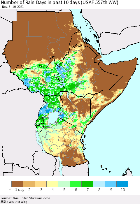 Eastern Africa Number of Rain Days in past 10 days (USAF 557th WW) Thematic Map For 11/6/2021 - 11/10/2021