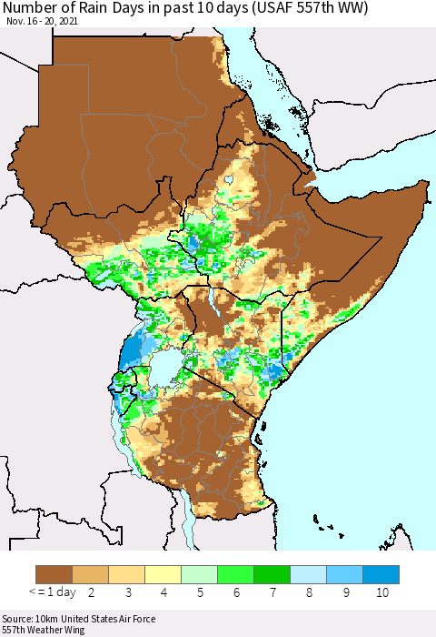 Eastern Africa Number of Rain Days in past 10 days (USAF 557th WW) Thematic Map For 11/16/2021 - 11/20/2021