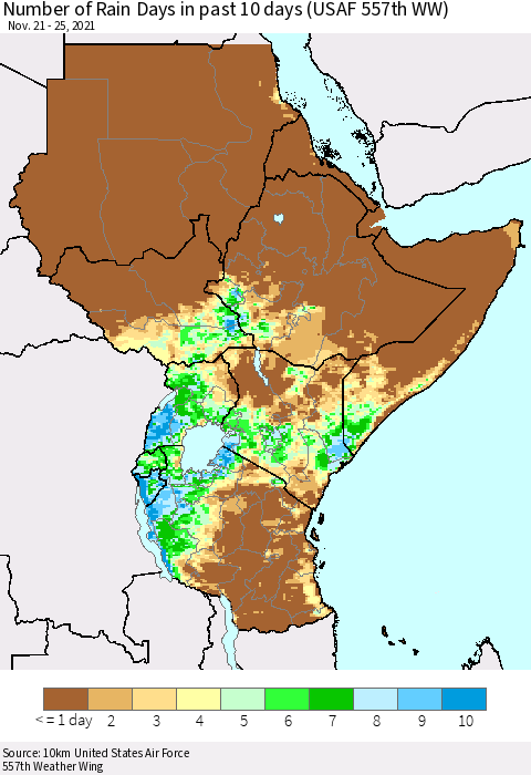 Eastern Africa Number of Rain Days in past 10 days (USAF 557th WW) Thematic Map For 11/21/2021 - 11/25/2021