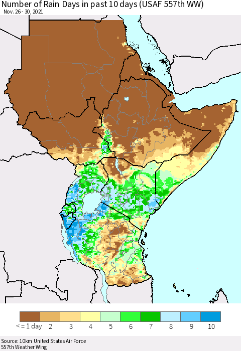 Eastern Africa Number of Rain Days in past 10 days (USAF 557th WW) Thematic Map For 11/26/2021 - 11/30/2021