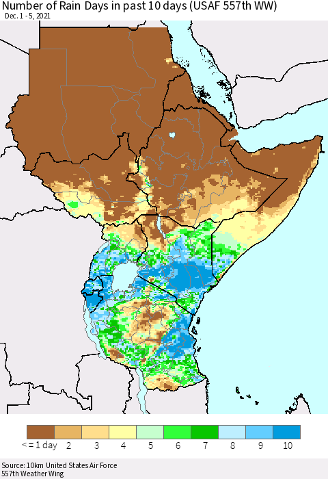 Eastern Africa Number of Rain Days in past 10 days (USAF 557th WW) Thematic Map For 12/1/2021 - 12/5/2021