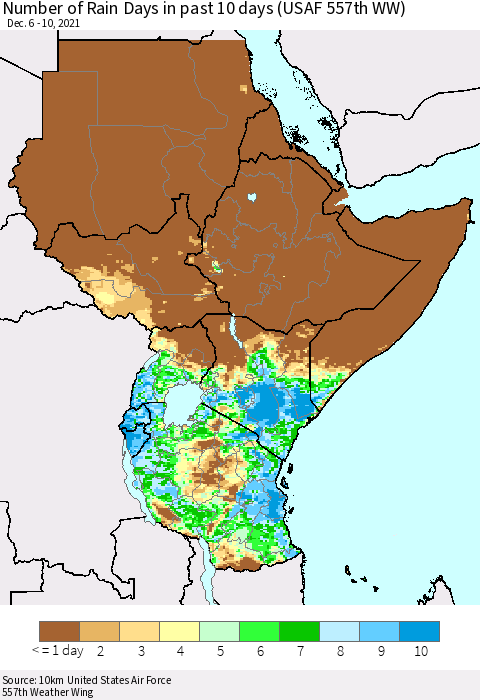 Eastern Africa Number of Rain Days in past 10 days (USAF 557th WW) Thematic Map For 12/6/2021 - 12/10/2021