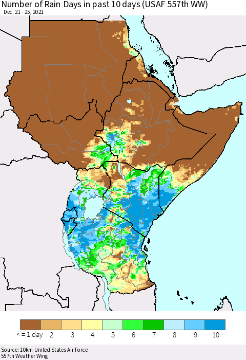 Eastern Africa Number of Rain Days in past 10 days (USAF 557th WW) Thematic Map For 12/21/2021 - 12/25/2021