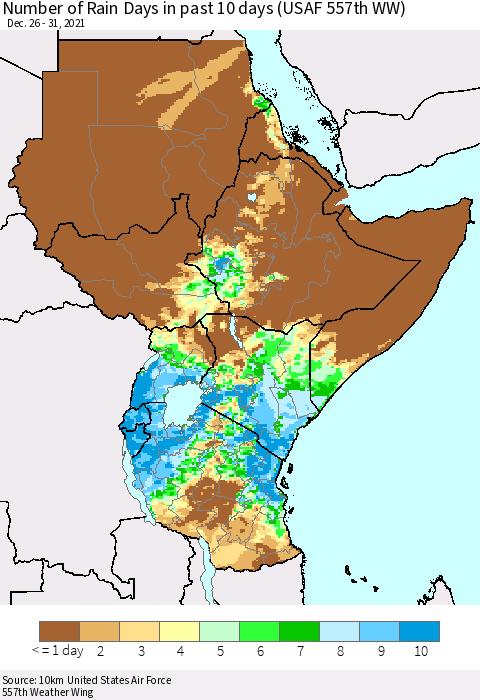 Eastern Africa Number of Rain Days in past 10 days (USAF 557th WW) Thematic Map For 12/26/2021 - 12/31/2021