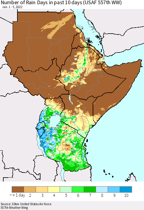 Eastern Africa Number of Rain Days in past 10 days (USAF 557th WW) Thematic Map For 1/1/2022 - 1/5/2022
