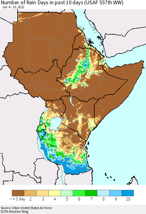Eastern Africa Number of Rain Days in past 10 days (USAF 557th WW) Thematic Map For 1/6/2022 - 1/10/2022