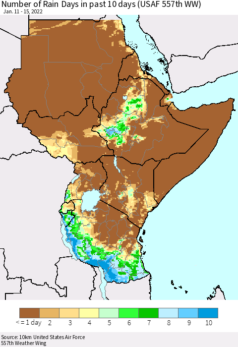 Eastern Africa Number of Rain Days in past 10 days (USAF 557th WW) Thematic Map For 1/11/2022 - 1/15/2022