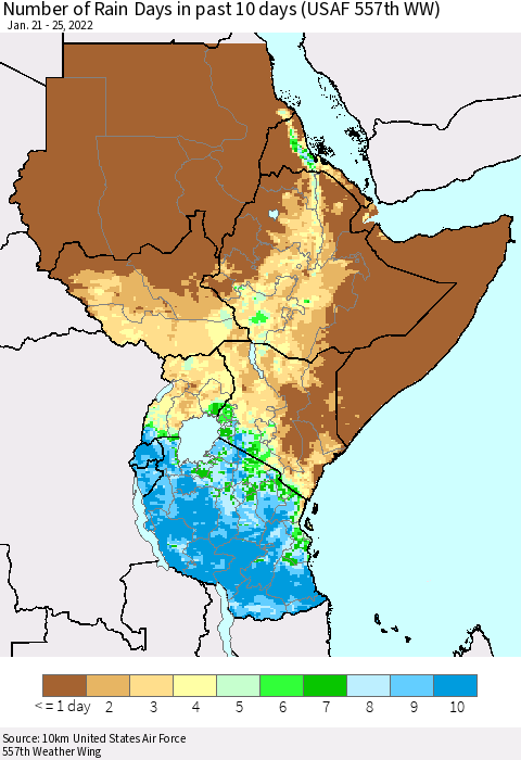 Eastern Africa Number of Rain Days in past 10 days (USAF 557th WW) Thematic Map For 1/21/2022 - 1/25/2022