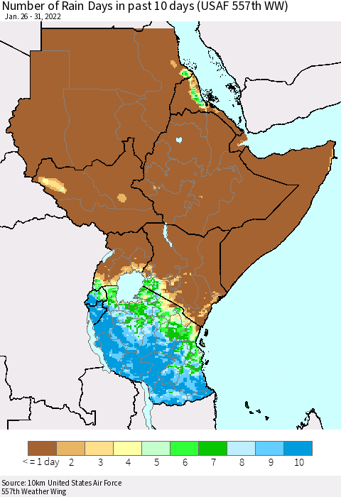 Eastern Africa Number of Rain Days in past 10 days (USAF 557th WW) Thematic Map For 1/26/2022 - 1/31/2022