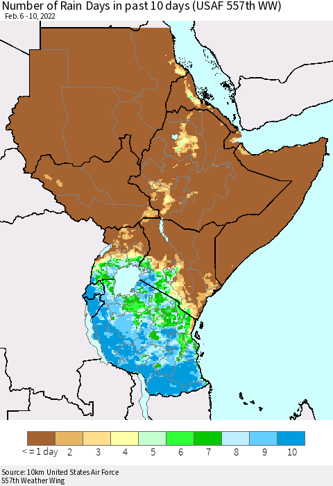 Eastern Africa Number of Rain Days in past 10 days (USAF 557th WW) Thematic Map For 2/6/2022 - 2/10/2022