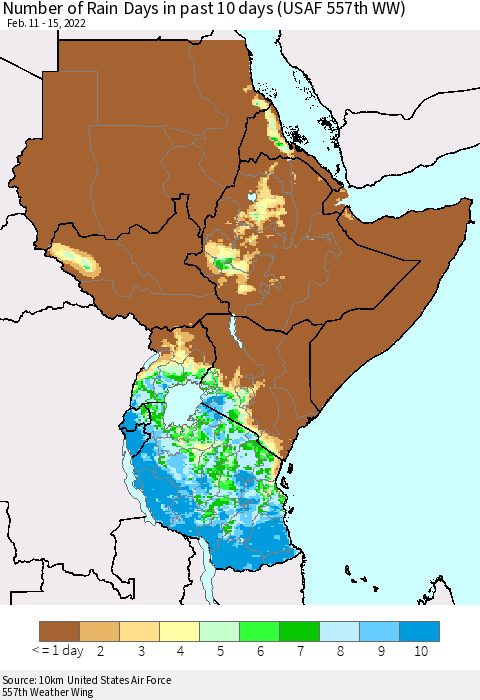 Eastern Africa Number of Rain Days in past 10 days (USAF 557th WW) Thematic Map For 2/11/2022 - 2/15/2022