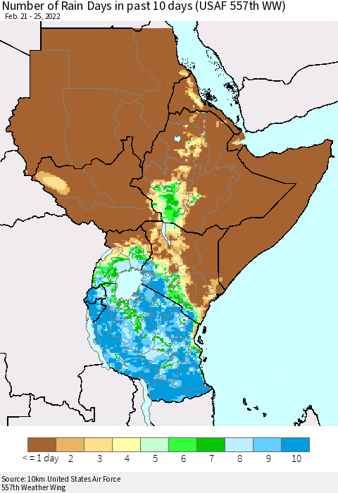 Eastern Africa Number of Rain Days in past 10 days (USAF 557th WW) Thematic Map For 2/21/2022 - 2/25/2022
