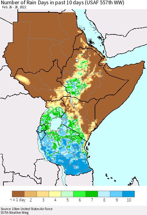 Eastern Africa Number of Rain Days in past 10 days (USAF 557th WW) Thematic Map For 2/26/2022 - 2/28/2022