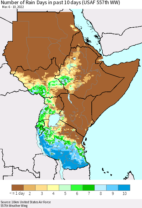 Eastern Africa Number of Rain Days in past 10 days (USAF 557th WW) Thematic Map For 3/6/2022 - 3/10/2022