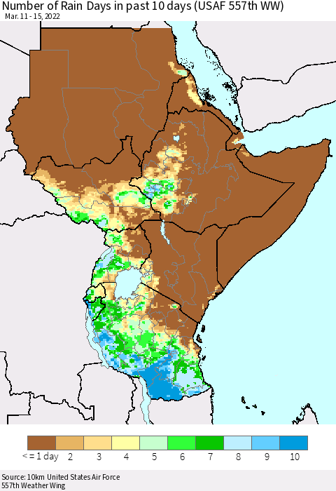 Eastern Africa Number of Rain Days in past 10 days (USAF 557th WW) Thematic Map For 3/11/2022 - 3/15/2022