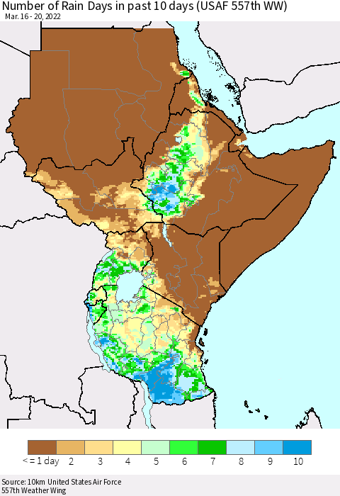 Eastern Africa Number of Rain Days in past 10 days (USAF 557th WW) Thematic Map For 3/16/2022 - 3/20/2022