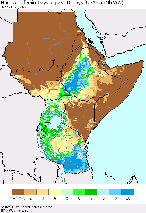 Eastern Africa Number of Rain Days in past 10 days (USAF 557th WW) Thematic Map For 3/21/2022 - 3/25/2022