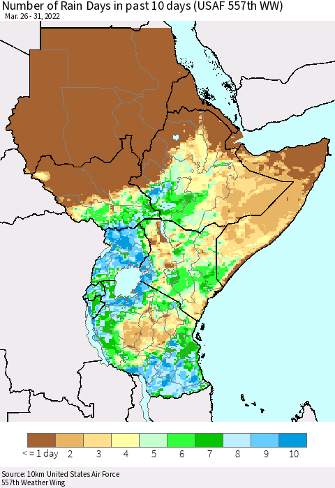 Eastern Africa Number of Rain Days in past 10 days (USAF 557th WW) Thematic Map For 3/26/2022 - 3/31/2022