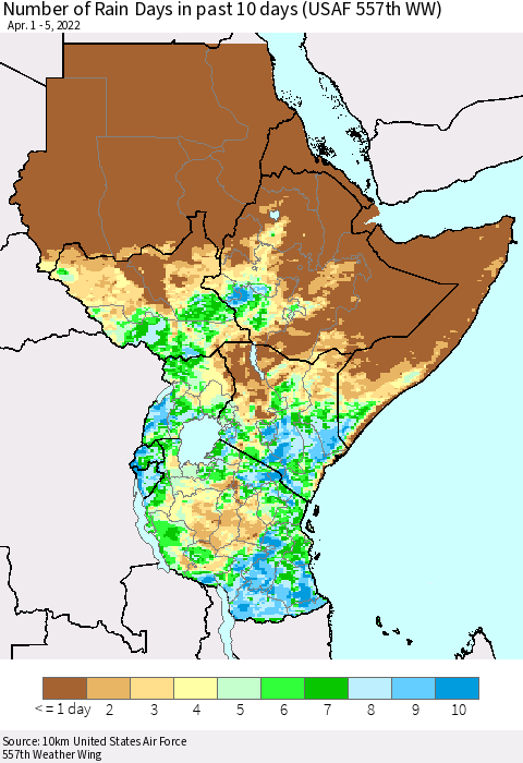 Eastern Africa Number of Rain Days in past 10 days (USAF 557th WW) Thematic Map For 4/1/2022 - 4/5/2022