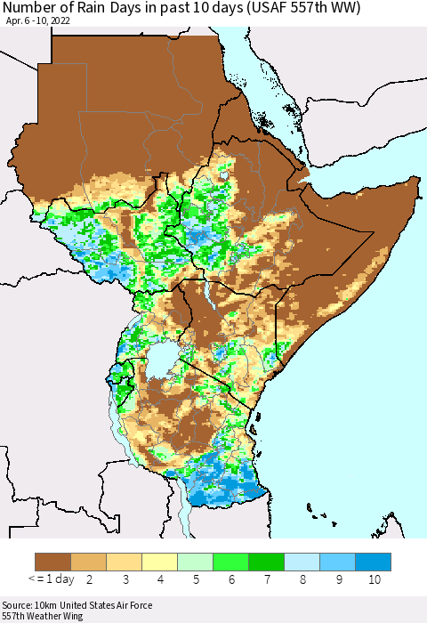 Eastern Africa Number of Rain Days in past 10 days (USAF 557th WW) Thematic Map For 4/6/2022 - 4/10/2022