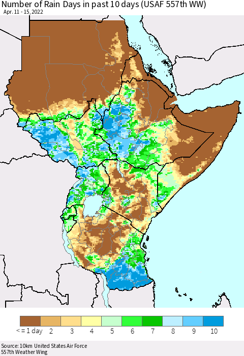 Eastern Africa Number of Rain Days in past 10 days (USAF 557th WW) Thematic Map For 4/11/2022 - 4/15/2022
