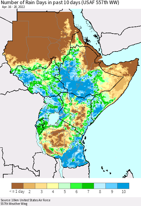 Eastern Africa Number of Rain Days in past 10 days (USAF 557th WW) Thematic Map For 4/16/2022 - 4/20/2022