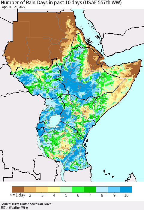 Eastern Africa Number of Rain Days in past 10 days (USAF 557th WW) Thematic Map For 4/21/2022 - 4/25/2022