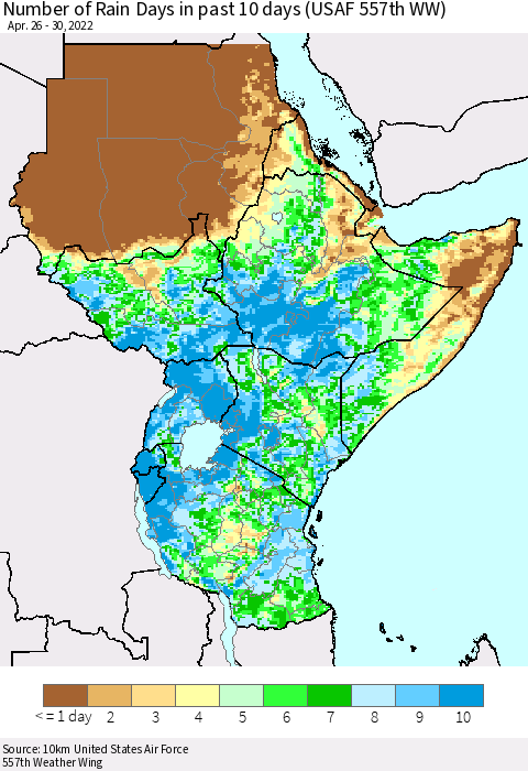 Eastern Africa Number of Rain Days in past 10 days (USAF 557th WW) Thematic Map For 4/26/2022 - 4/30/2022