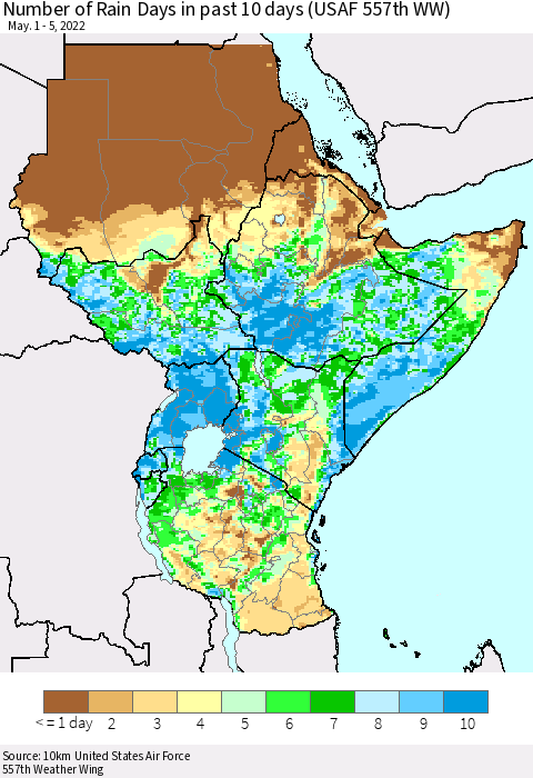 Eastern Africa Number of Rain Days in past 10 days (USAF 557th WW) Thematic Map For 5/1/2022 - 5/5/2022