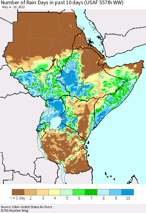 Eastern Africa Number of Rain Days in past 10 days (USAF 557th WW) Thematic Map For 5/6/2022 - 5/10/2022